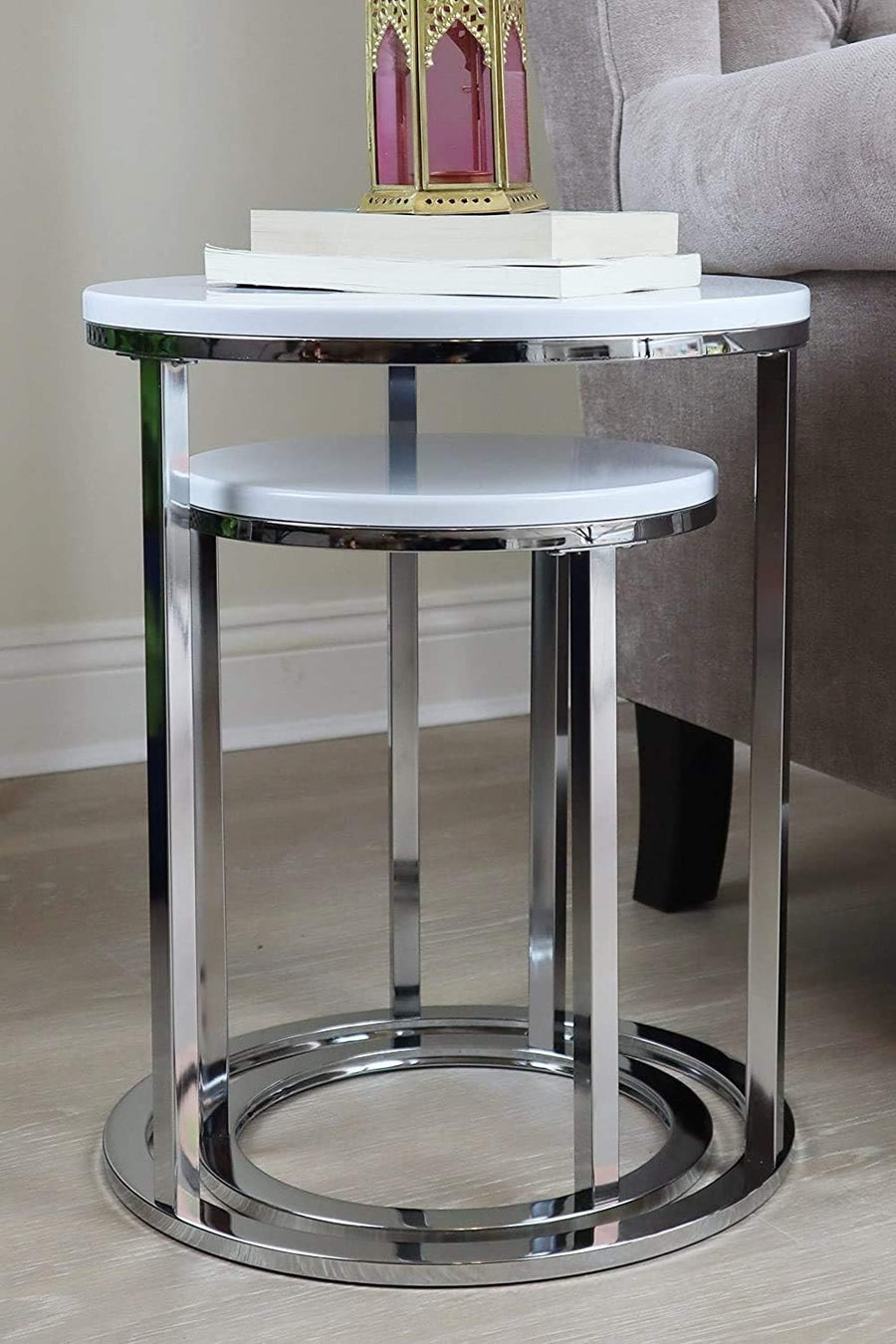 Space Saving Nesting Tables Set of 2 White Round Metal Frame End Side Coffee