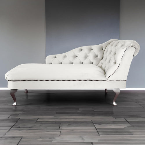 Velvet Chaise Lounge Sofa Right Hand Cream – Tufted Seat, UK Handmade