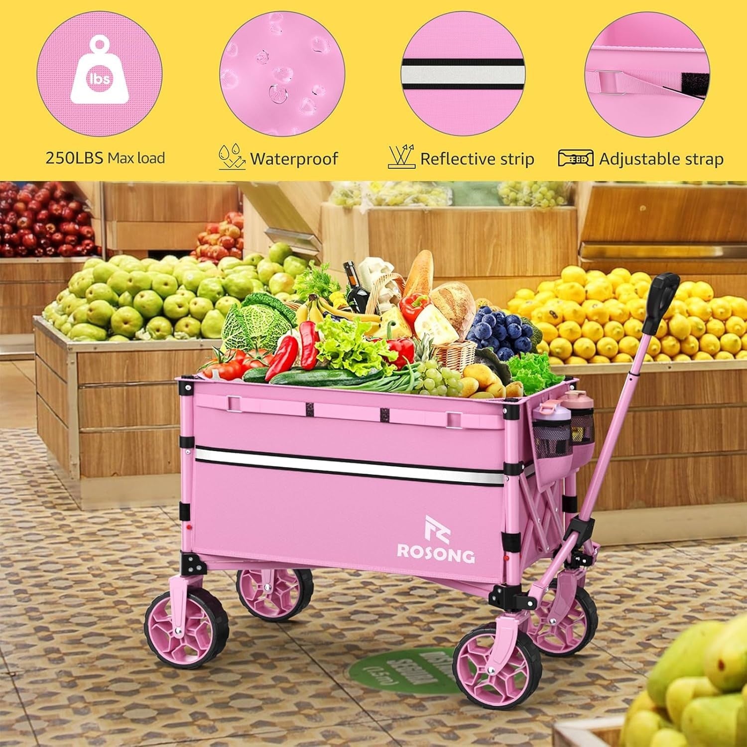 Collapsible Folding Wagon Cart Heavy Duty Utility Trolley with Wheels 120L Pink