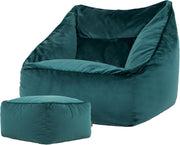 Teal Green Velvet Bean Bag Chair Set Adult Armchair with Footrest Lounge
