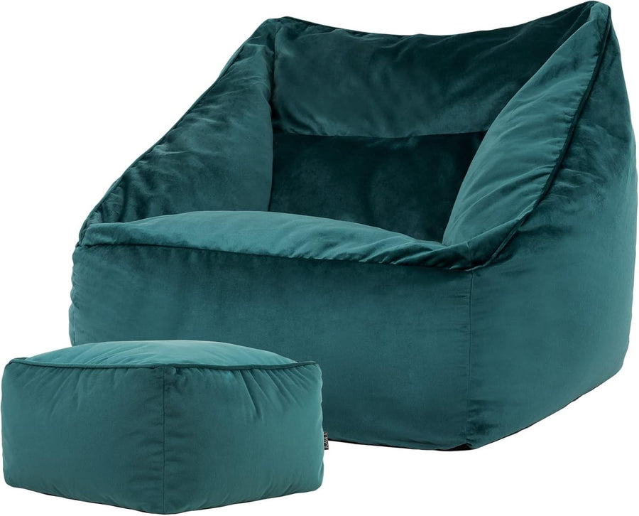 Teal Green Velvet Bean Bag Chair Set Adult Armchair with Footrest Lounge