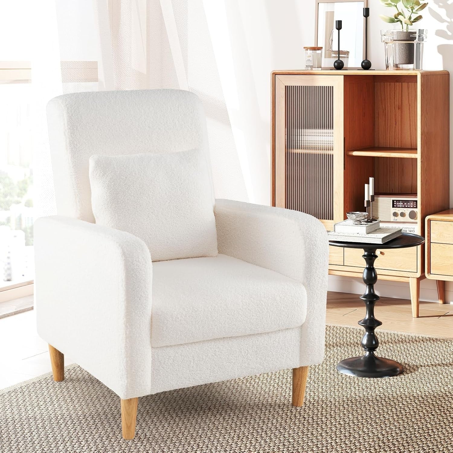 White Teddy Fleece Lounge Chair with Pillow for Bedroom or Living Room