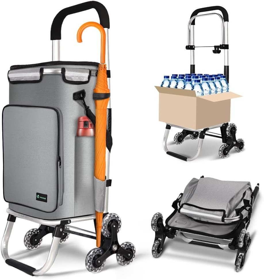 60L Folding 6-Wheel Grocery Cart Grey Stair Climbing Shopping Trolley