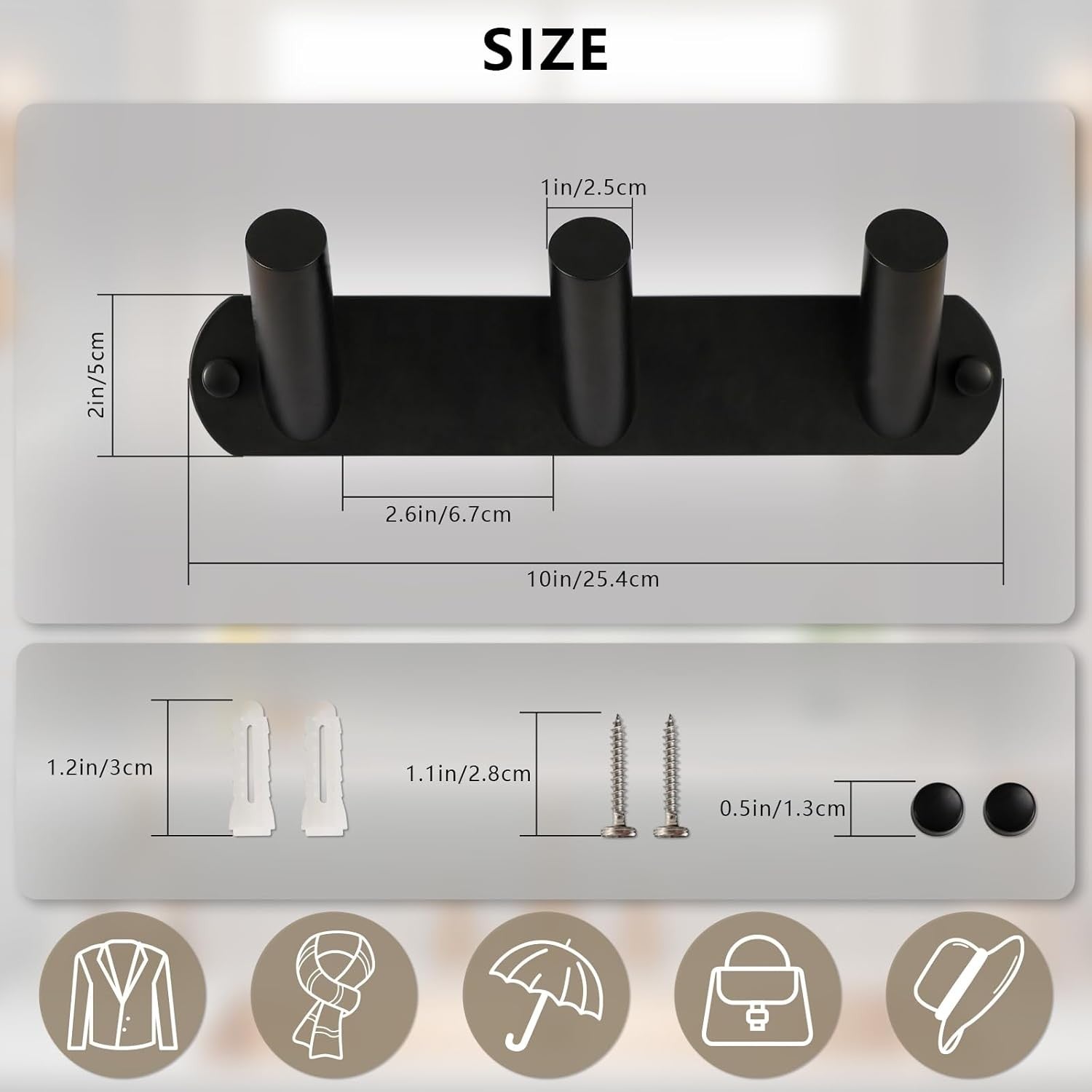 Black Metal Wall Coat Rack 3 Hooks Heavy Duty Modern Towel Hanger for Bathroom