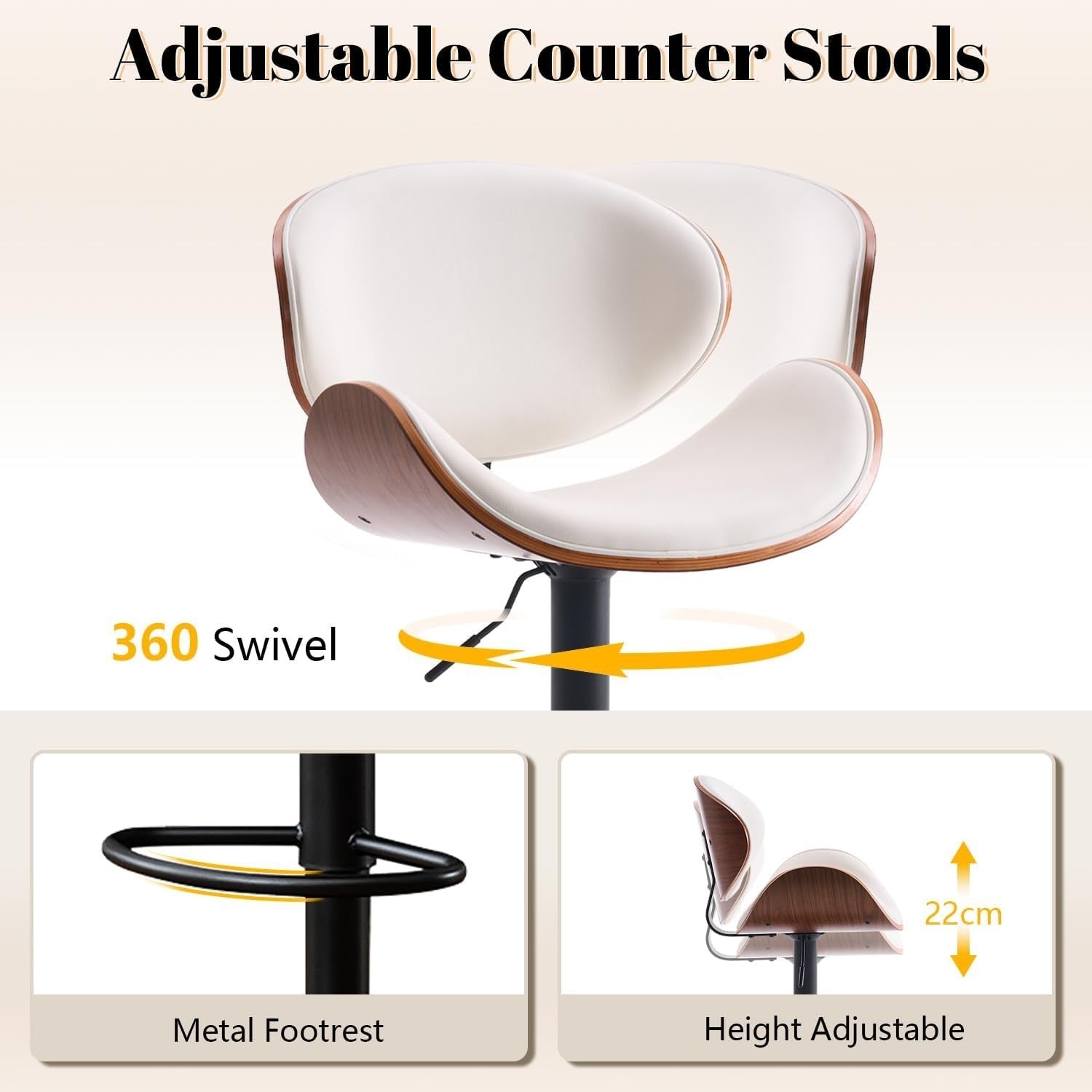 Adjustable White Bar Stool | Wooden Seat, Faux Leather, Swivel, 1pc