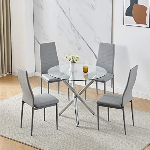 Modern 5-Piece Round Glass Dining Table Set with 4 Grey Leather Chairs