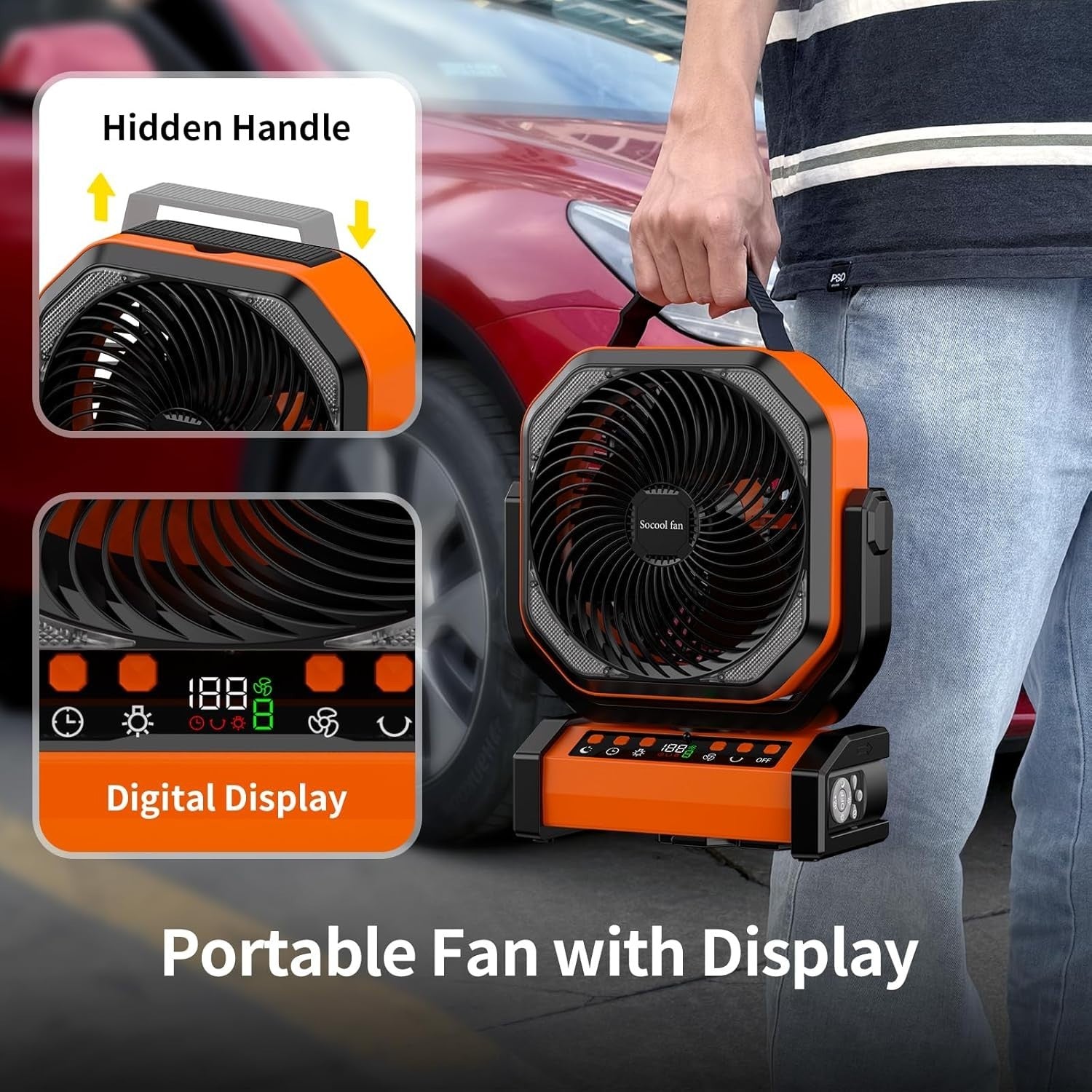 Orange Camping Fan – 20000mAh Rechargeable w/ LED Light, 9 Speeds & Remote Timer