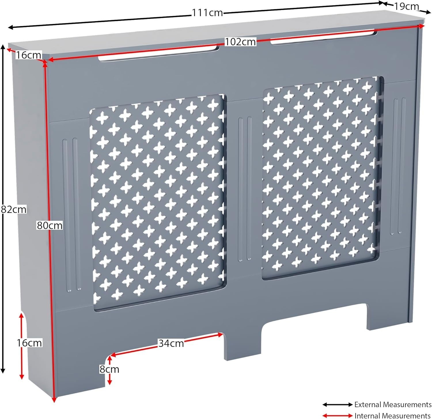 Medium Grey Radiator Cover 82x111x19cm MDF Cross Pattern Heat Efficient Cabinet