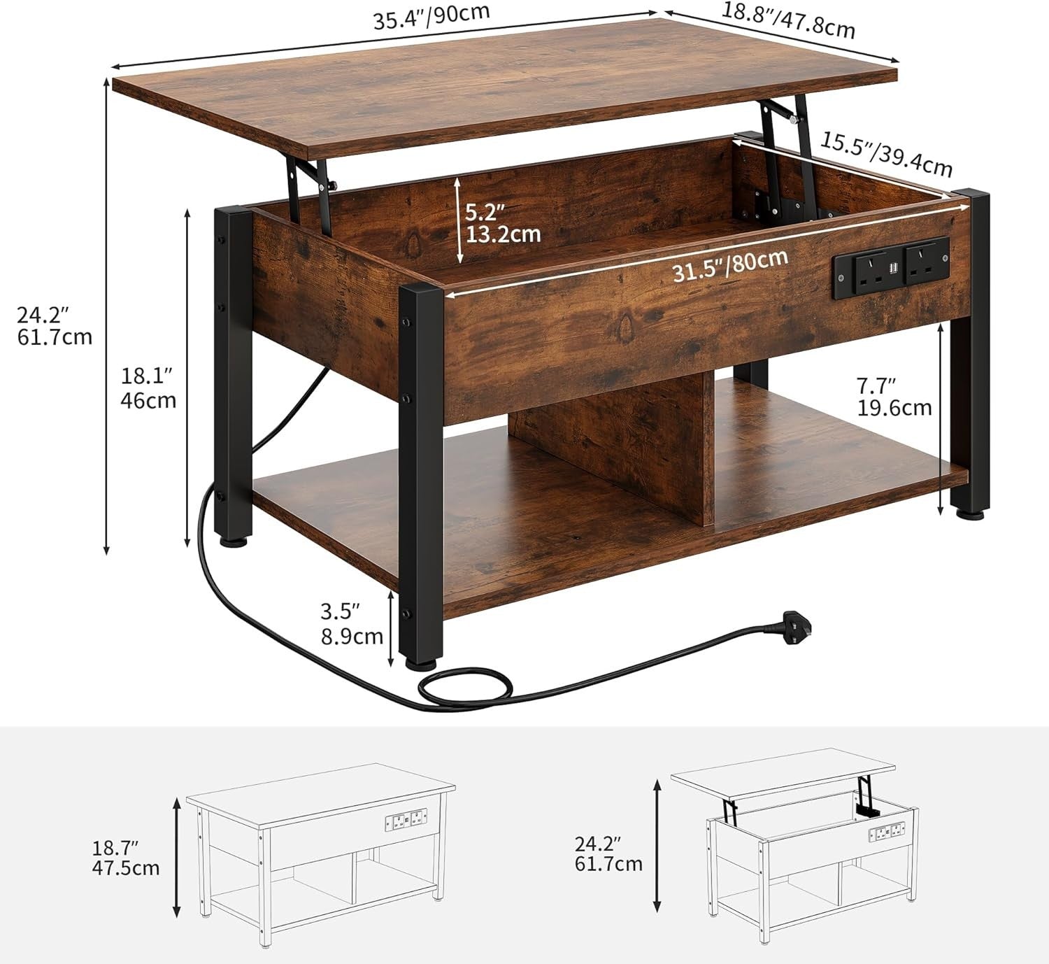 Lift-Top Coffee Table with Hidden Storage & LED Lights, Power Outlets