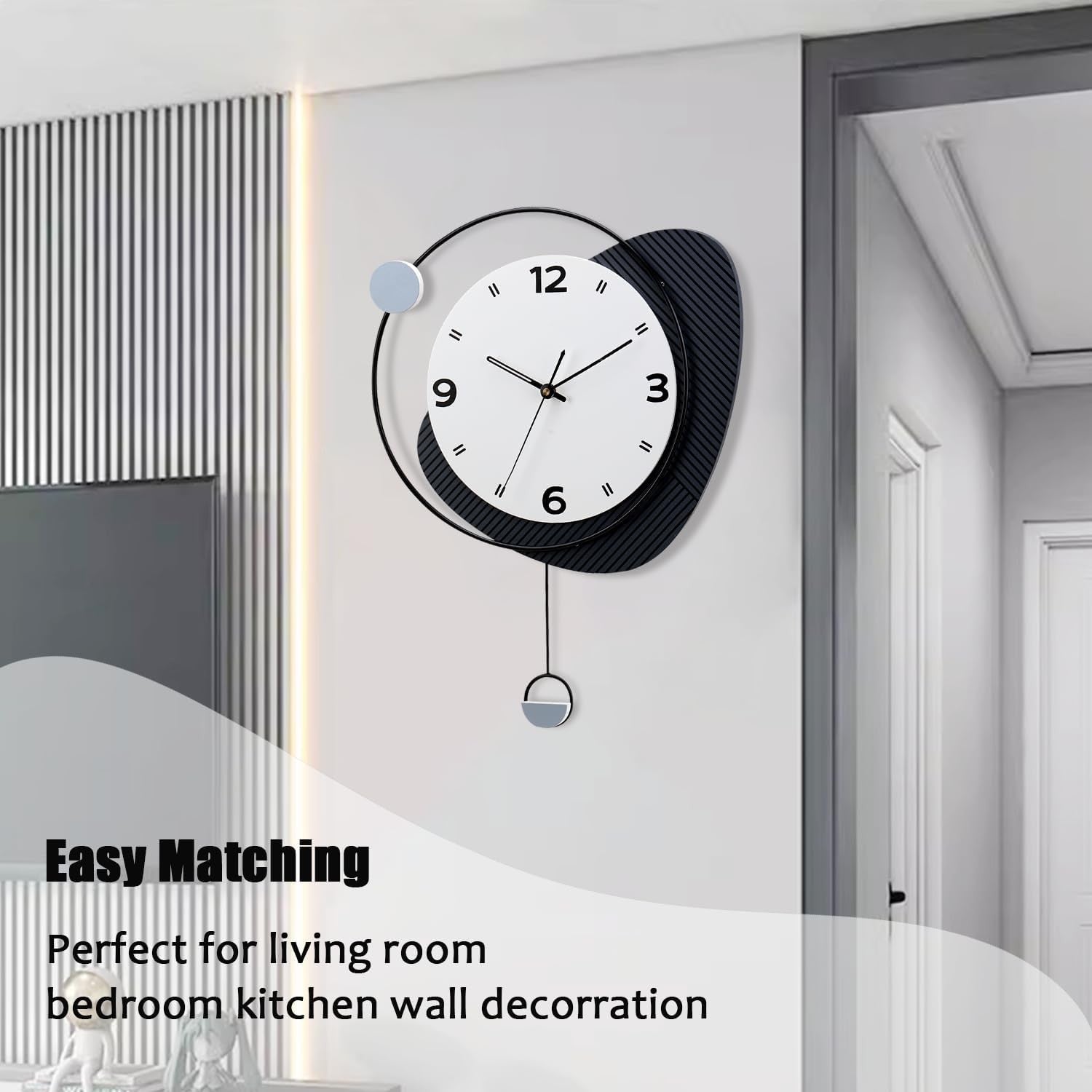 Modern Silent Wall Clock with Pendulum Large Quartz Black Home Decor 38x52cm