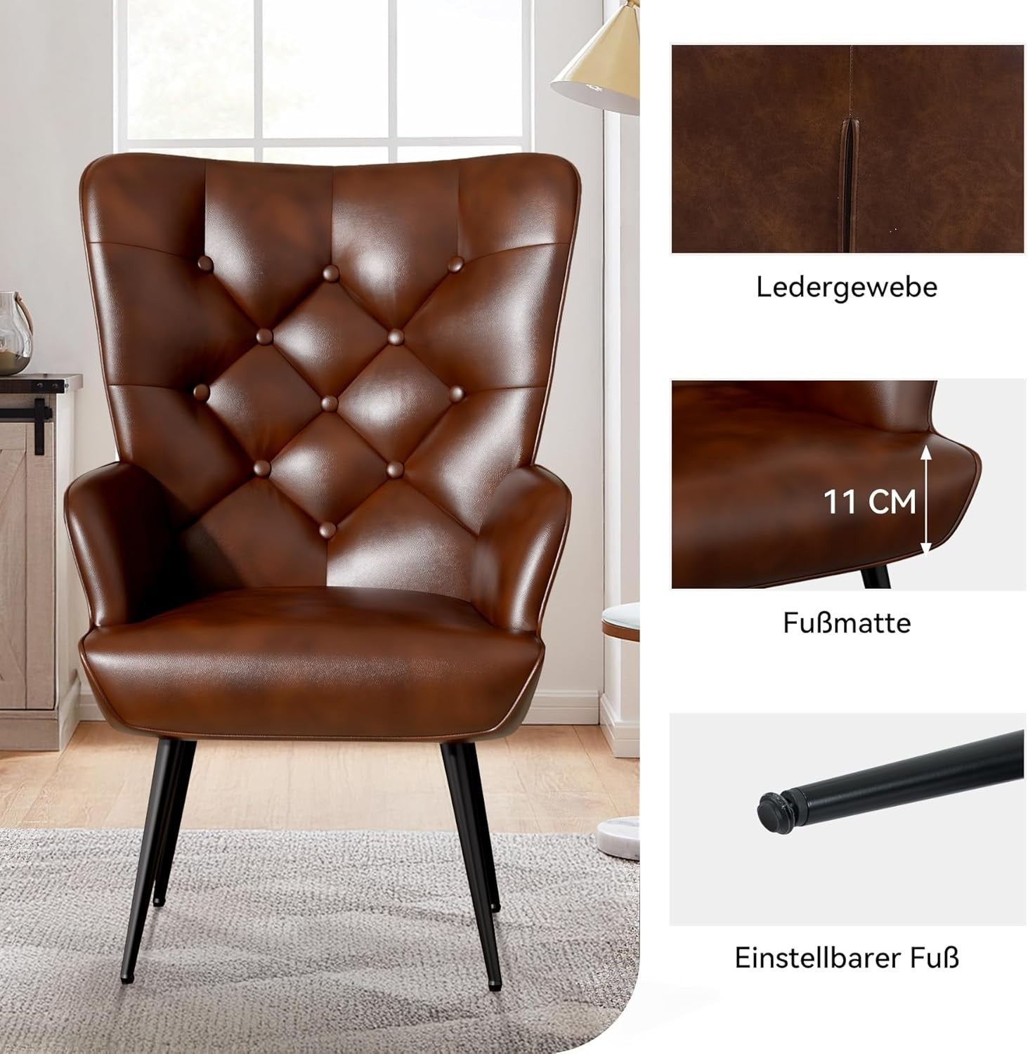 High Back Leather Armchair Gold Legs Comfy Lounge Chair 150kg Capacity