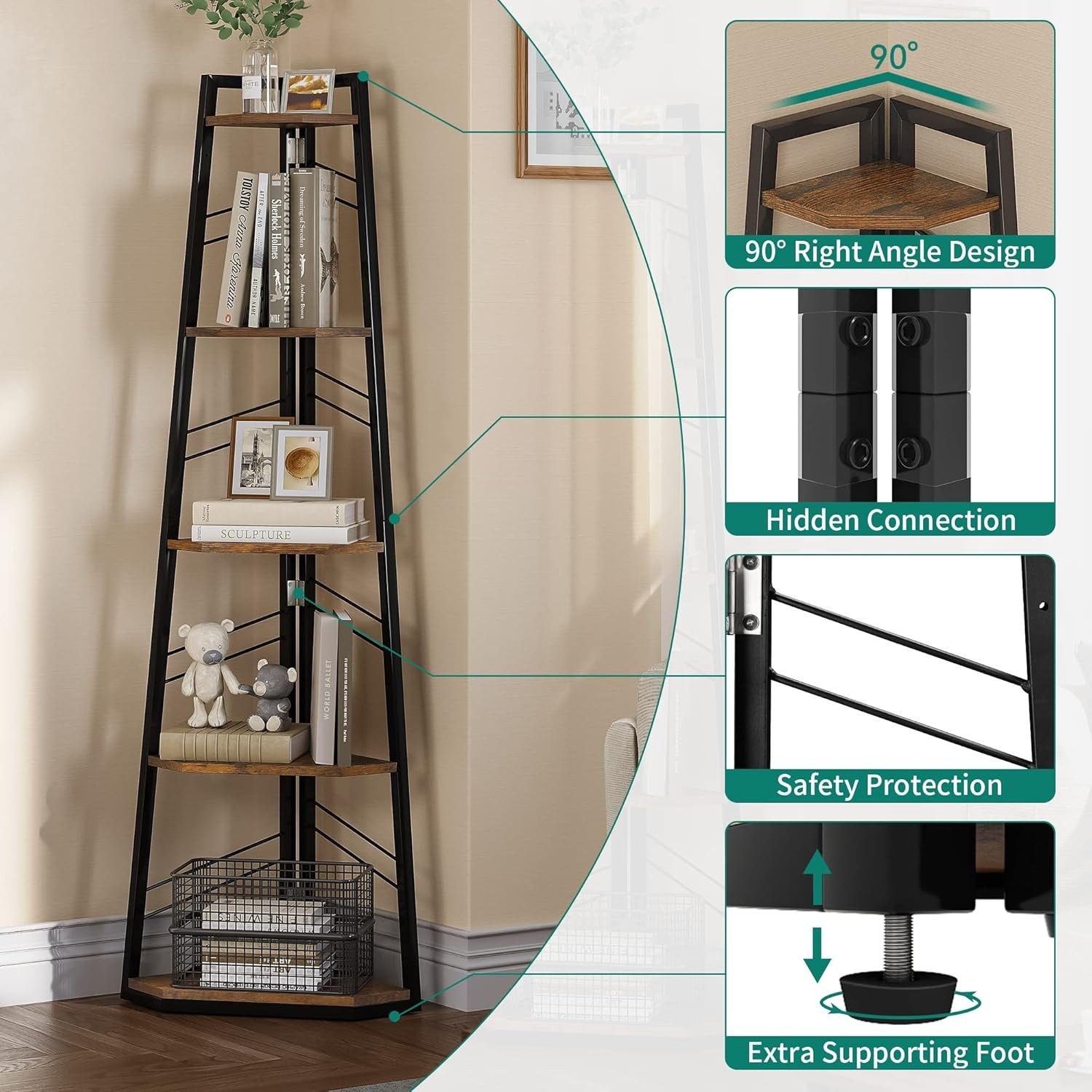 5-Tier Industrial Corner Shelf Unit – Space-Saving Ladder Bookcase for Living