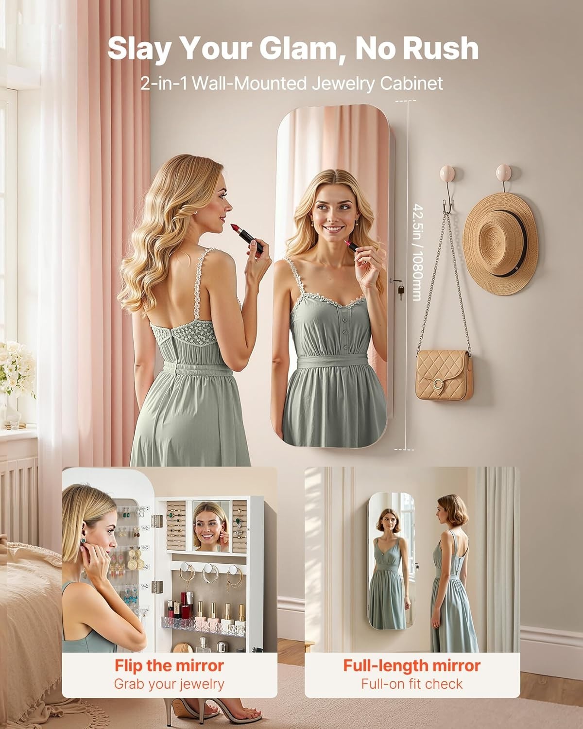 Wall Mount Jewelry Mirror Cabinet Full Length Lockable Storage Organizer