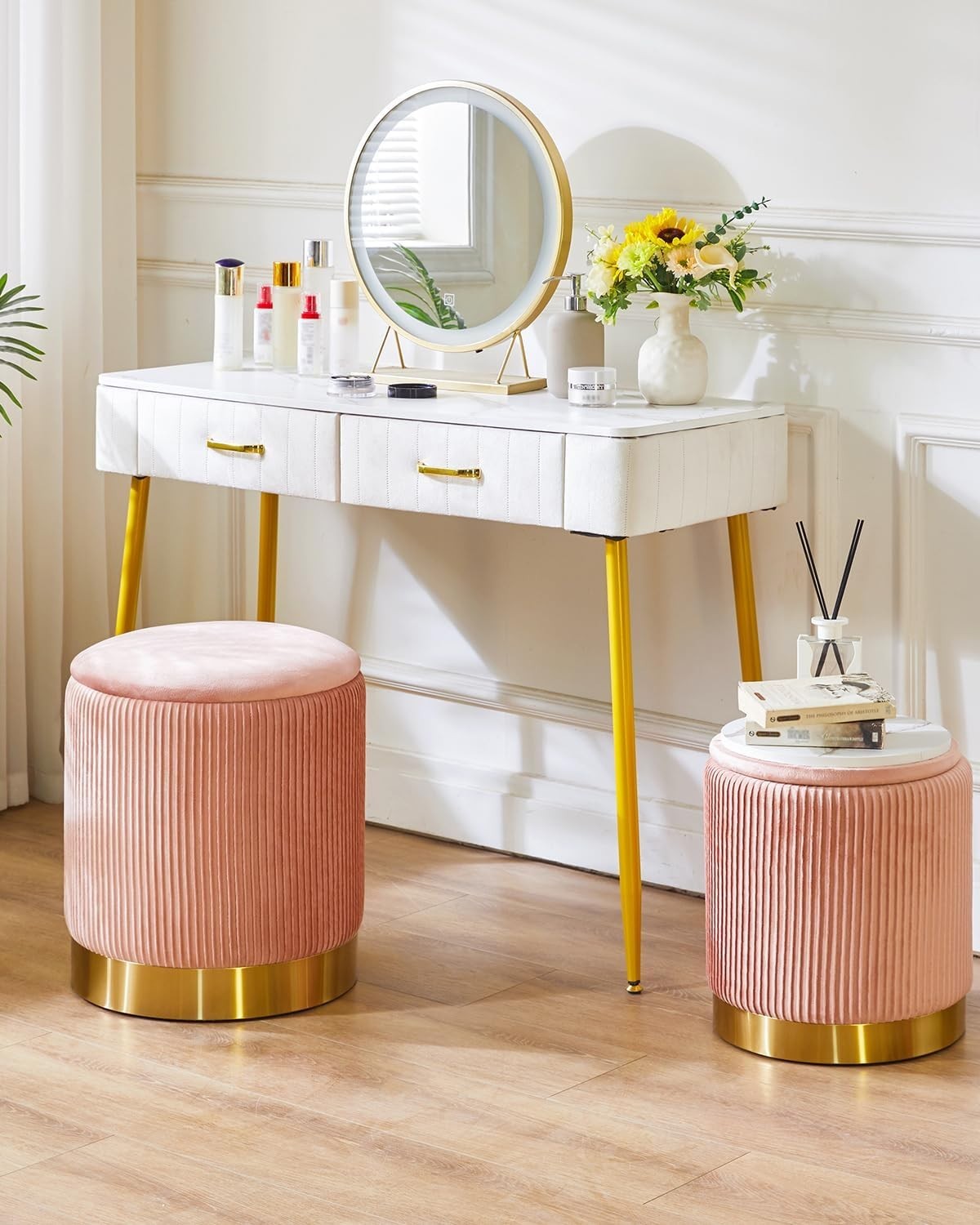 Set of 2 Pink Round Storage Ottomans – Velvet Pouffe Stools & Side Tables