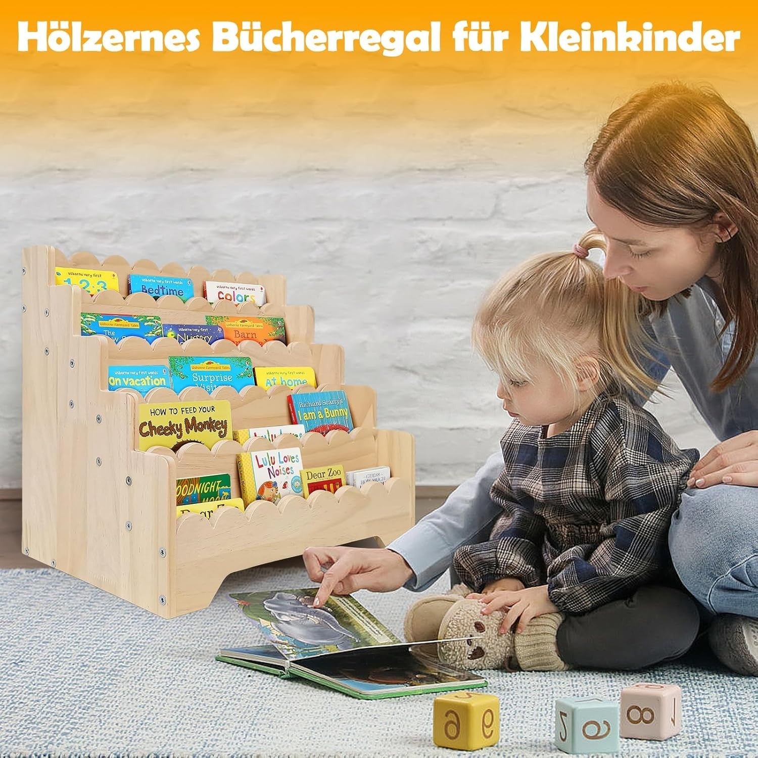 Wooden Kids Bookshelf 5 Tier Wave Design Bookcase Nursery Storage Shelf 43cm