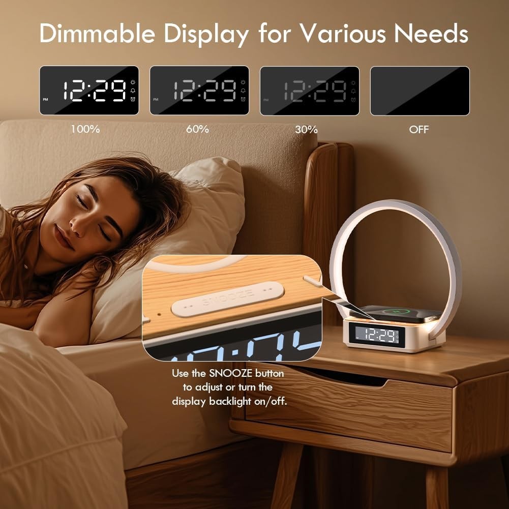 Wireless Charging Alarm Clock Lamp Touch Dimmable Sunrise Wake Light White