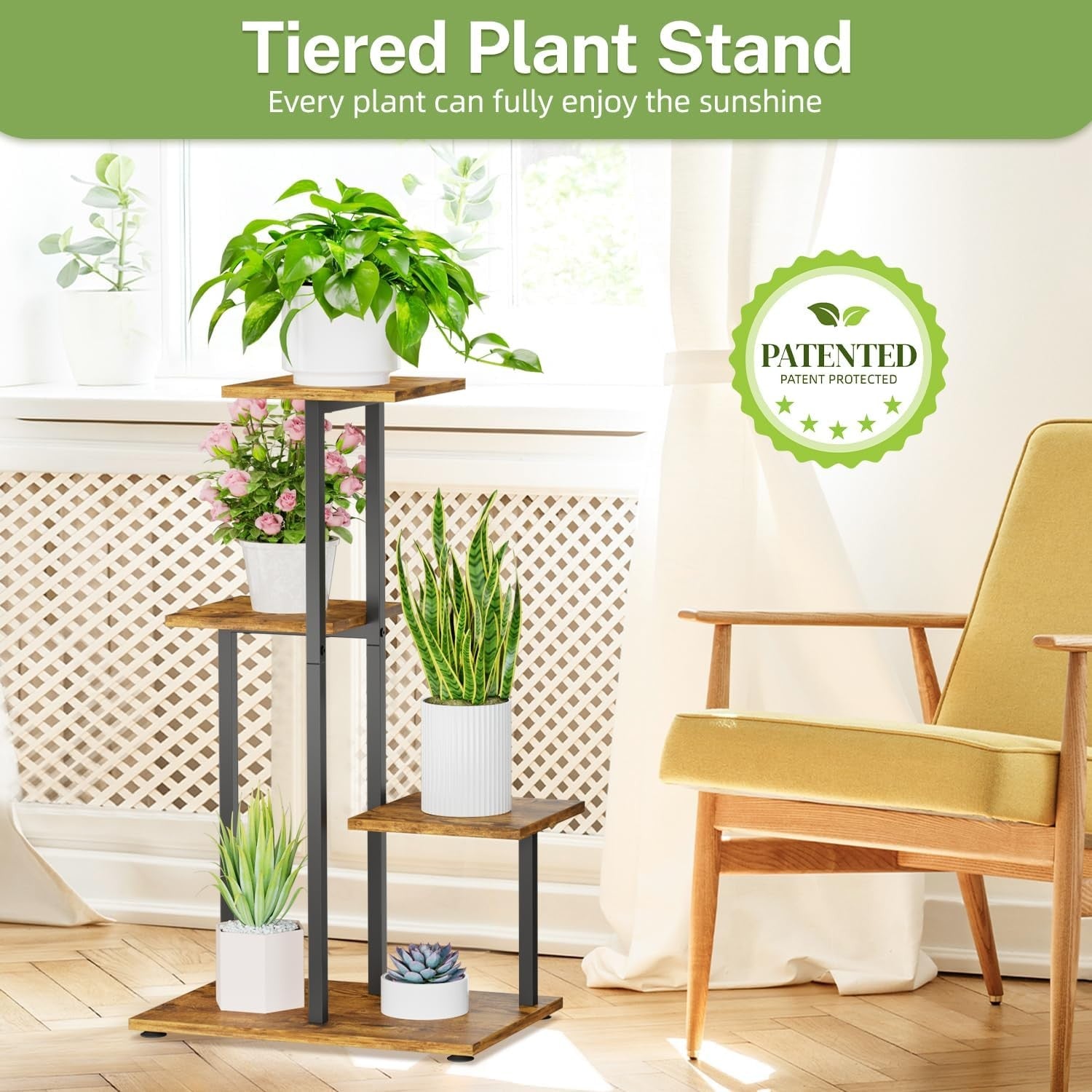 4 Tier Metal & Wood Plant Stand | Tall Corner Indoor Display Shelf for Multiple