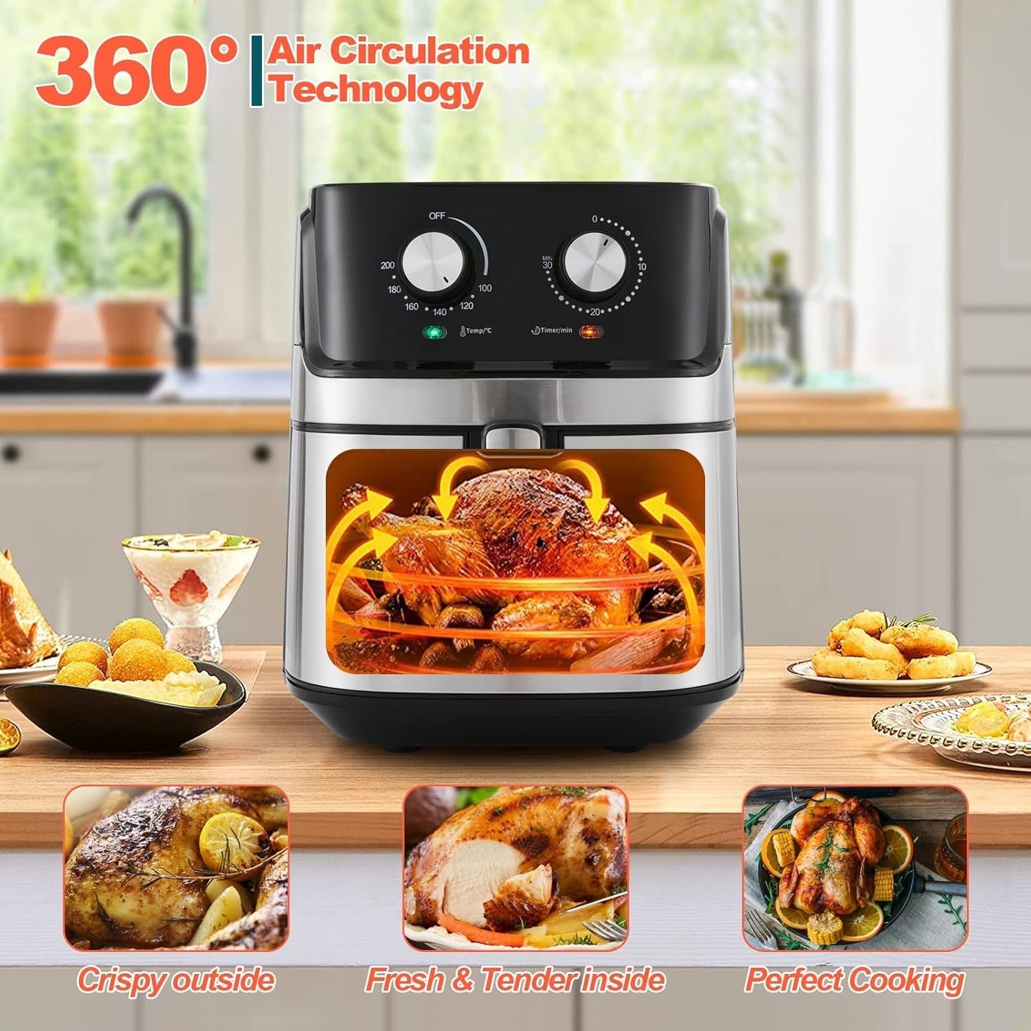 6.5L Air Fryer 1700W Rapid Air Dual Knob Window Non Stick Basket