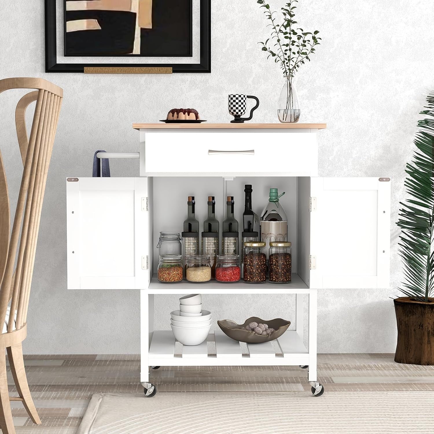 Kitchen Island Cart on Wheels Storage Trolley Cabinet Drawer Shelf White