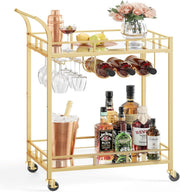Gold Drinks Trolley Bar Cart on Wheels with Wine Glass Holders & Shelves