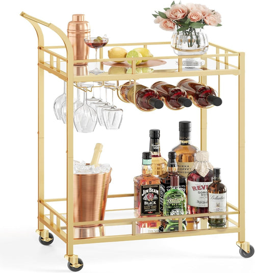 Gold Drinks Trolley Bar Cart on Wheels with Wine Glass Holders & Shelves