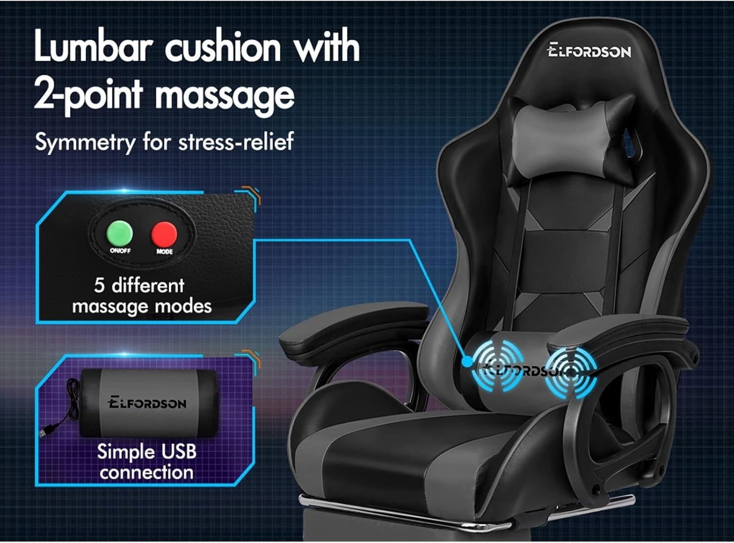 Gaming Chair Recliner Office Desk Swivel w/ Massage Lumbar Support Faux Leather