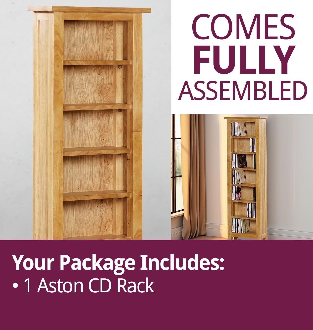 Solid Wood CD Storage Tower 7 Tier Media Rack Bookcase Oak Finish