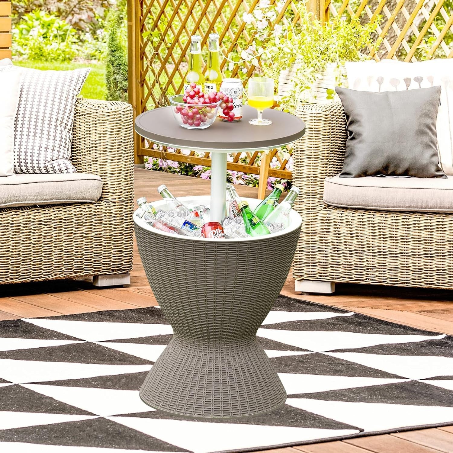 Outdoor Cool Bar Table Rattan Ice Bucket Beer Wine Cooler Height Adjustable