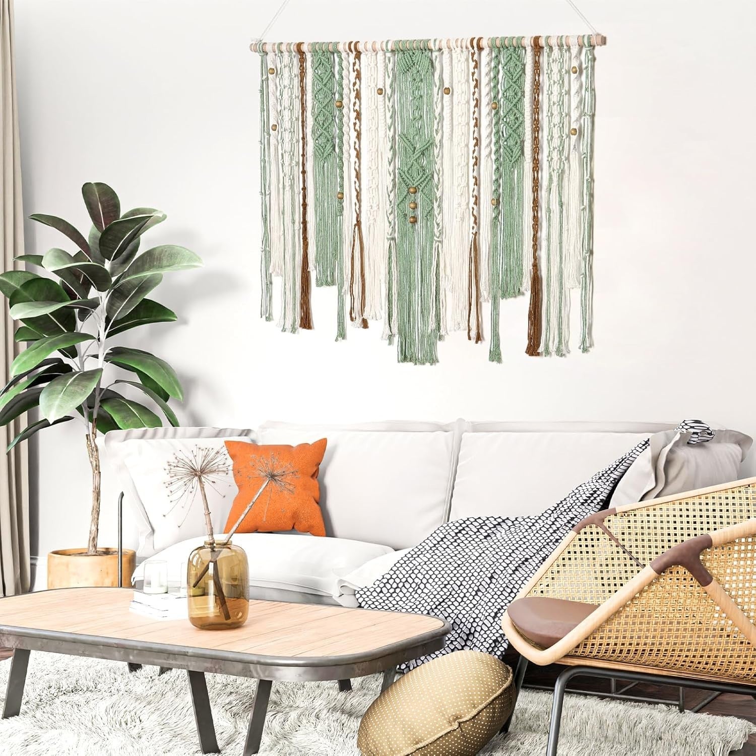 Large Green Macrame Wall Hanging 98x75cm Boho Woven Tapestry