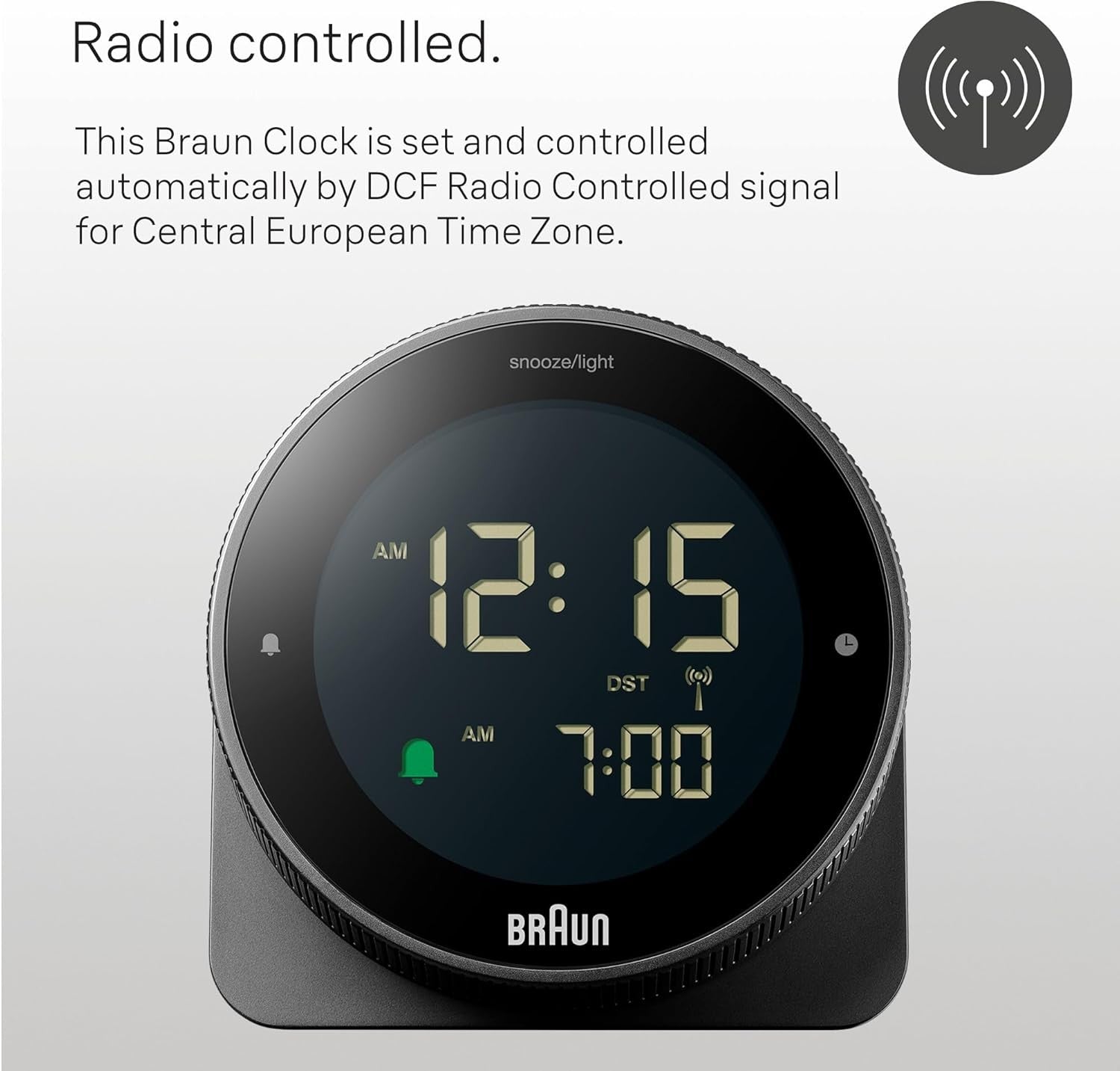 Radio Controlled Digital Alarm Clock Silent Snooze Reverse LCD Black