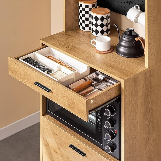 Tall Oak Kitchen Storage Cabinet with Microwave Shelf & Cupboard 170cm