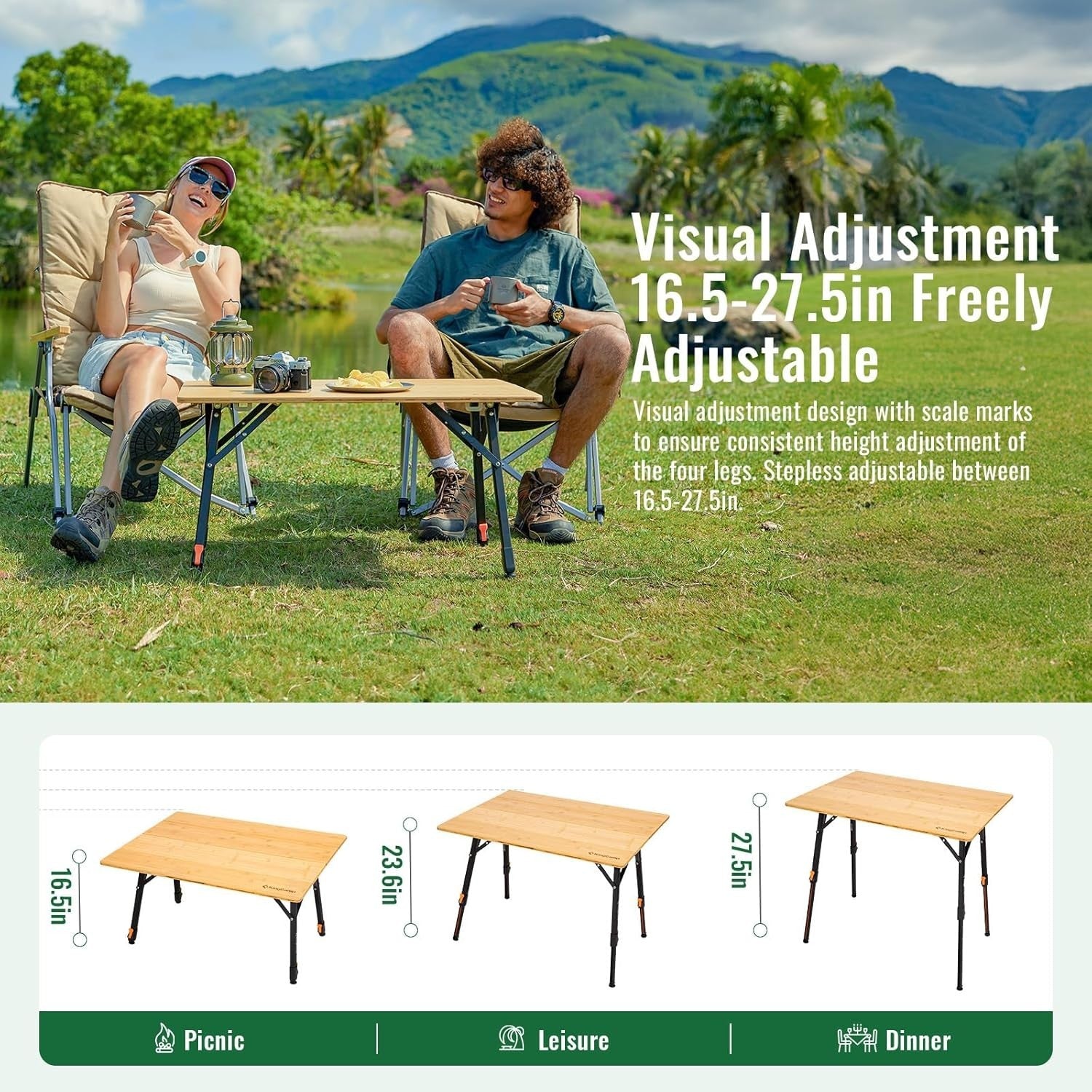 Adjustable Folding Camping Table Bamboo Top Portable Picnic Table 80kg Load