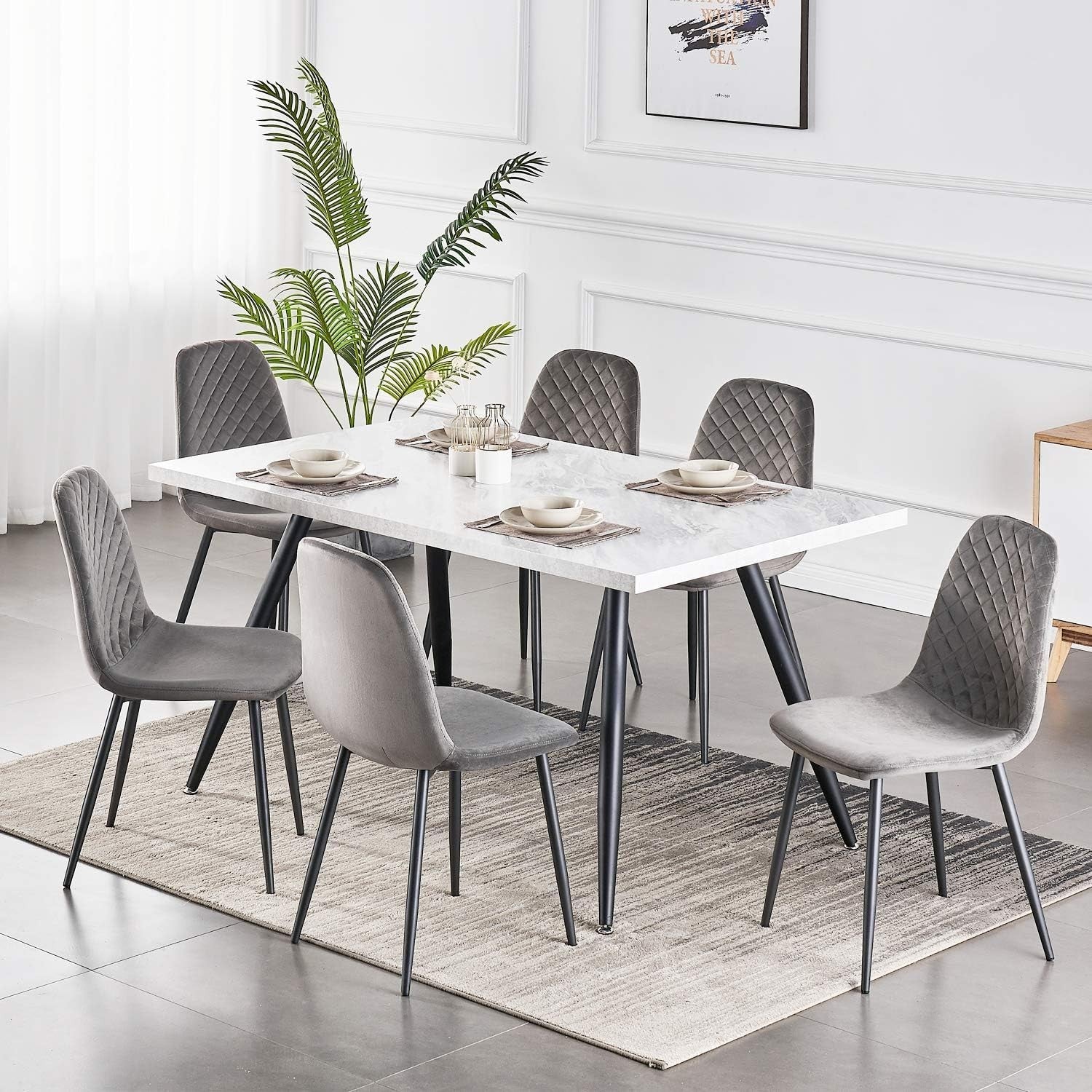 Modern White Marble Dining Table 150cm Black Metal Legs – Kitchen & Home Use