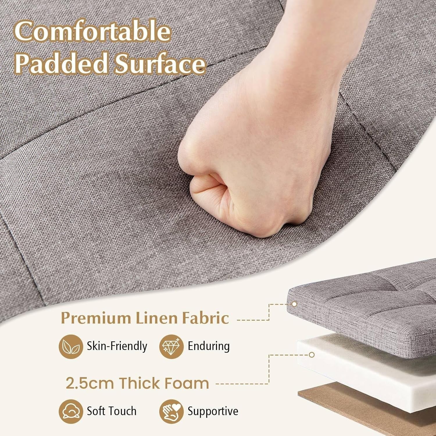Beige Linen Storage Ottoman 45x45cm Folding Footstool Bench w/ Tray Lid & Legs