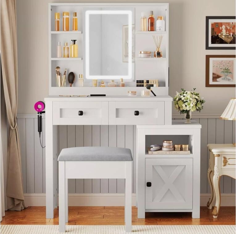 Farmhouse Vanity Desk Set LED Mirror USB Stool Makeup Table Bedroom White