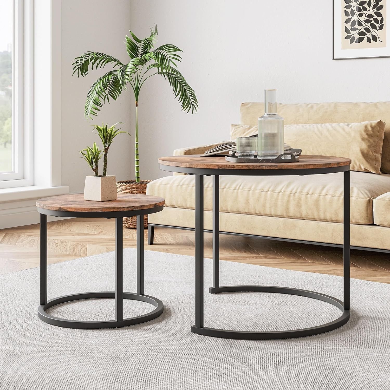 Round Nesting Coffee Table Set of 2 – Black Wood & Metal Frame, Small Space Savi