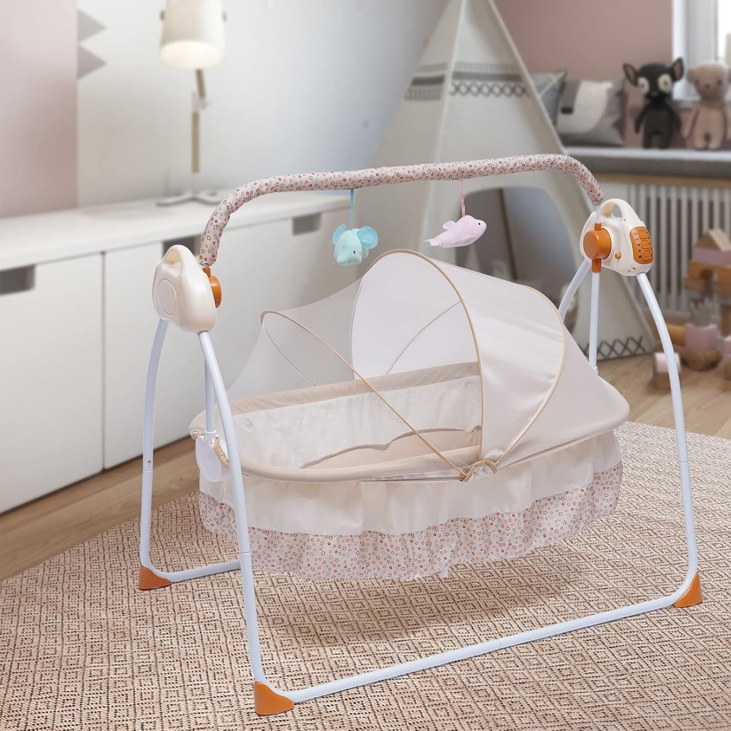 Electric Baby Cradle Rocking Swing Bassinet with Music Timer Mosquito Net Khaki