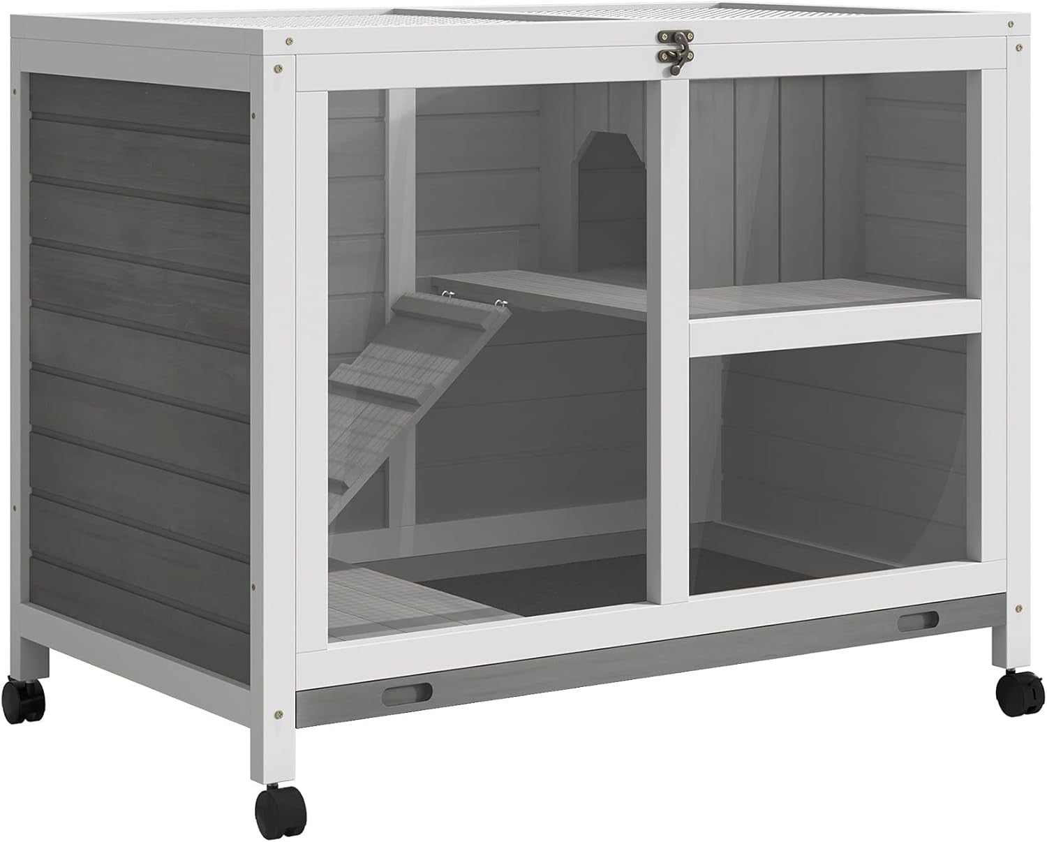 Indoor Rabbit Guinea Pig Wooden Hutch 2 Tier Wheels Open Roof
