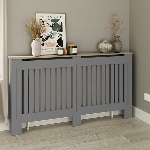 Large Grey Radiator Cover MDF Slatted Cabinet with Shelf Modern Heating Unit