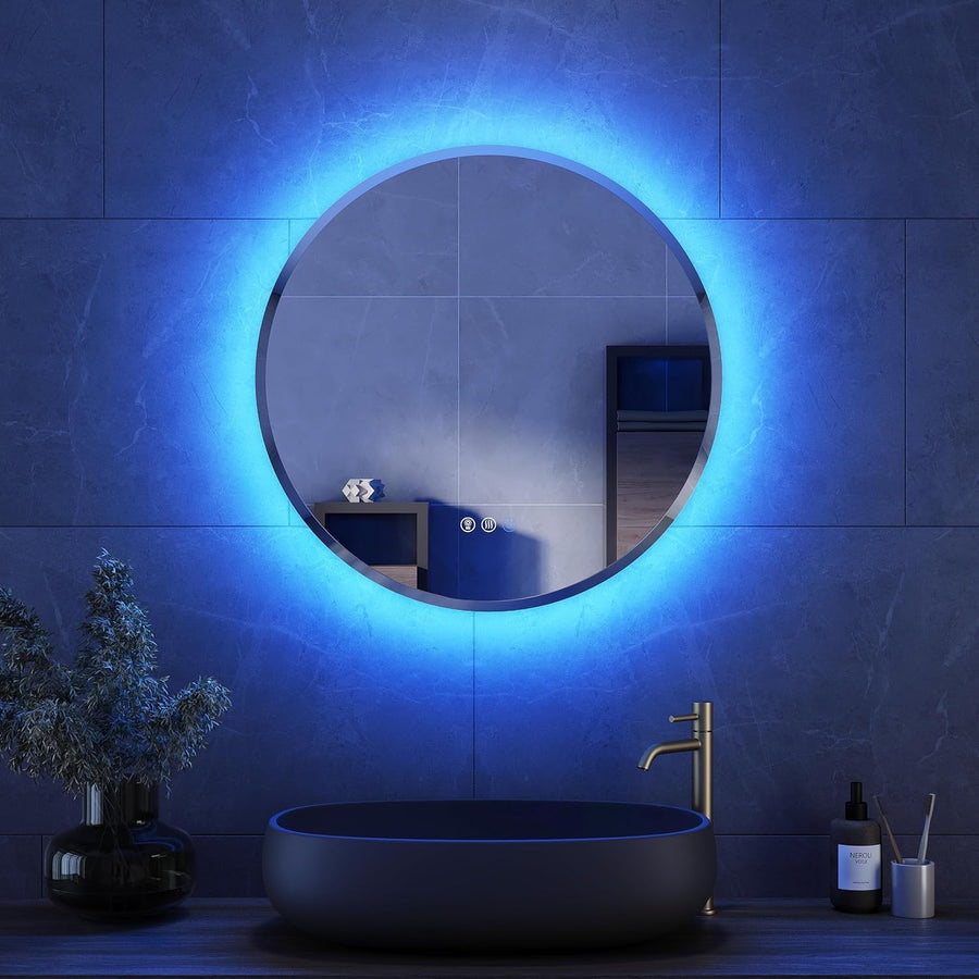 Round LED Bathroom Mirror 60cm RGB Color Change Anti-Fog Touch Control