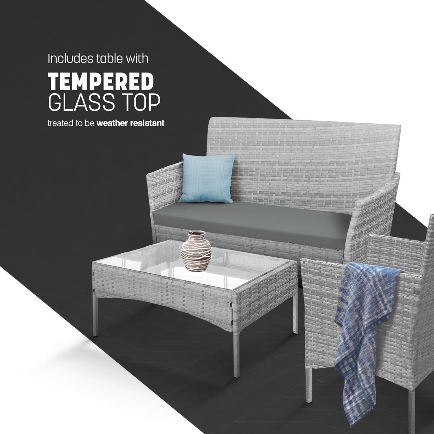 4pc Outdoor Rattan Garden Sofa Set | Stackable Patio Lounger with Table