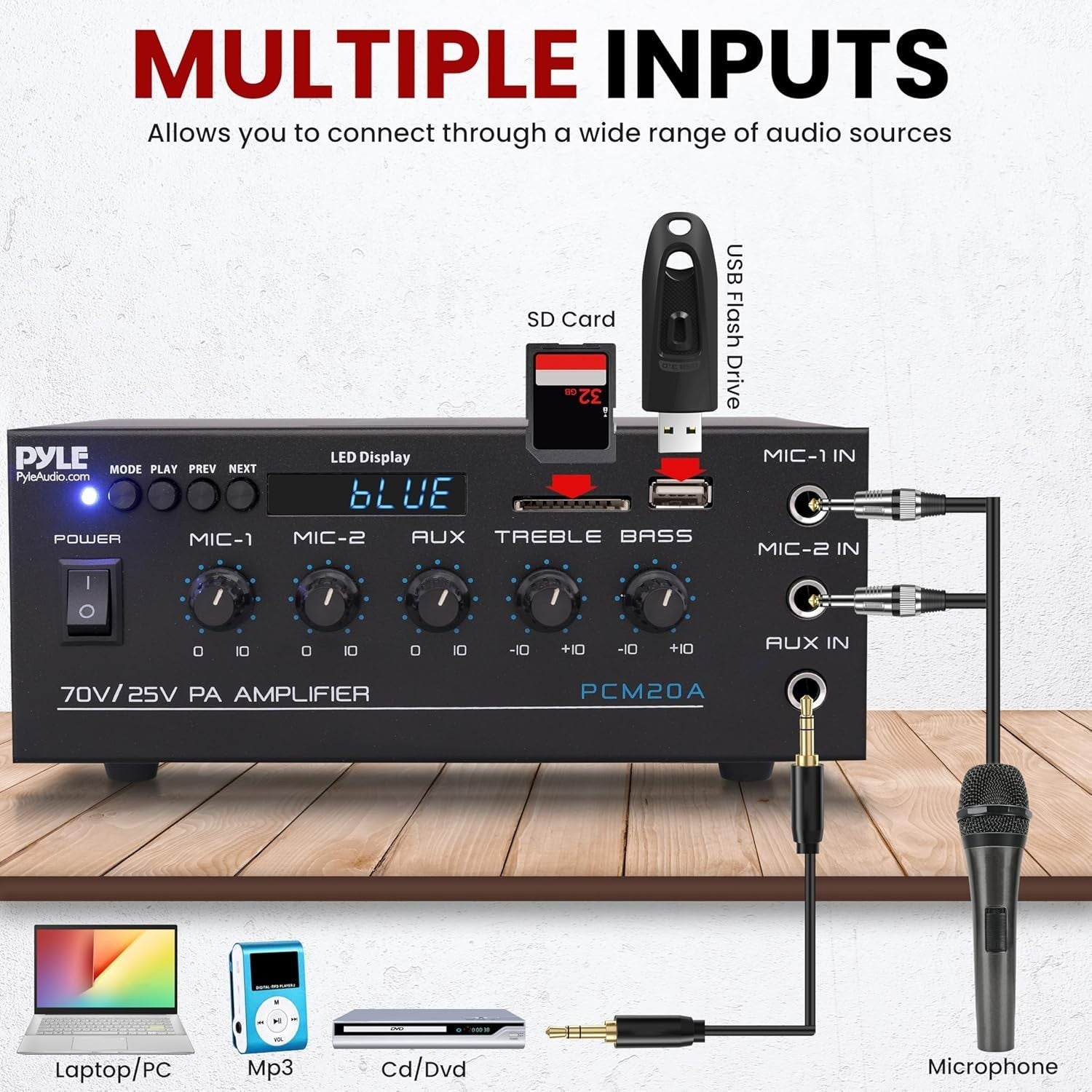 40W Mini PA Amplifier Stereo Receiver AUX 2 Mic 70V 8 Ohm