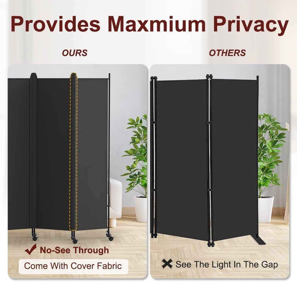 6 Panel Room Divider Folding Privacy Screen with Lockable Wheels – Large Black P