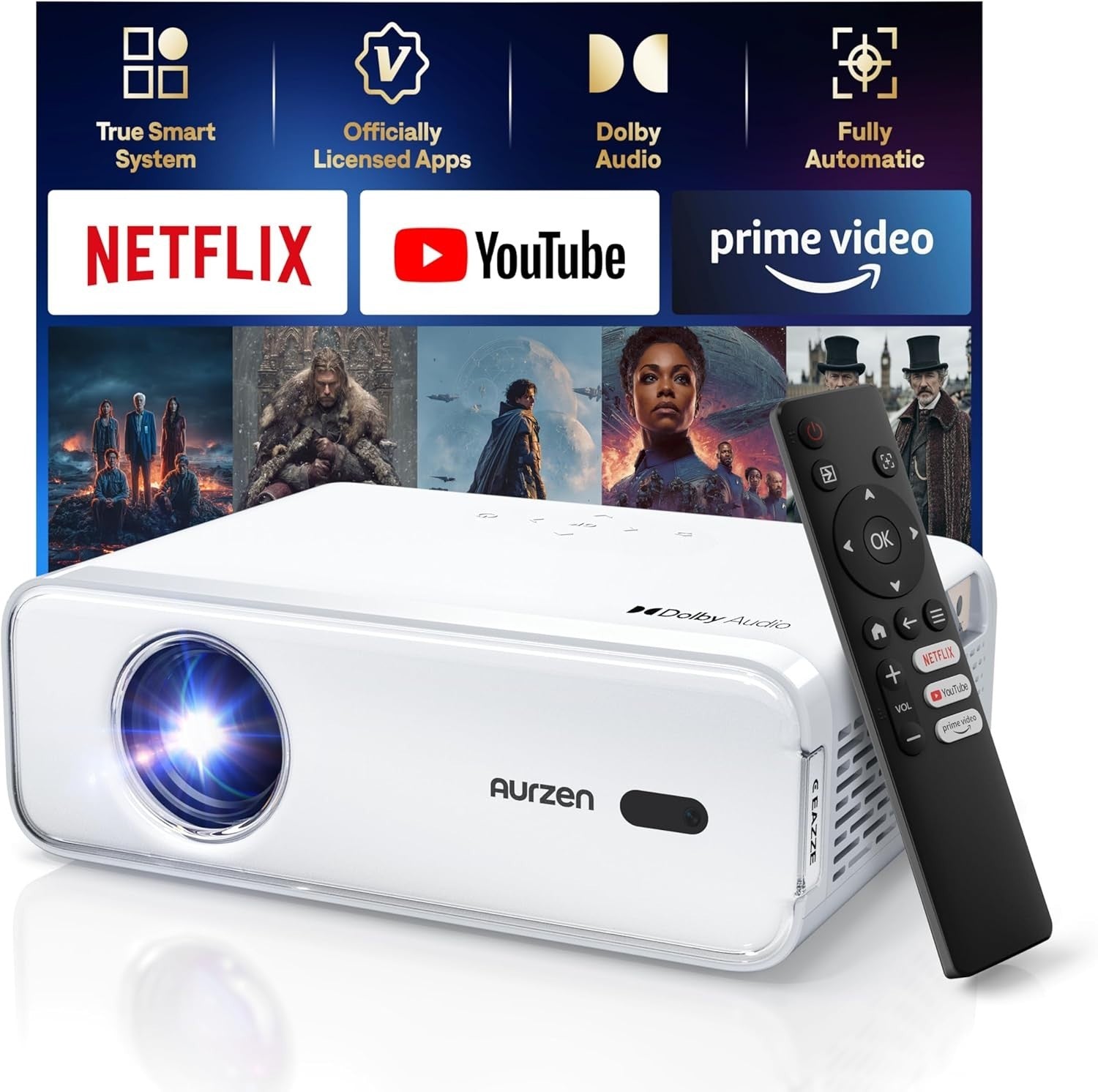 Netflix Smart 1080P Projector 4K HDR Dolby Audio Auto Focus WiFi