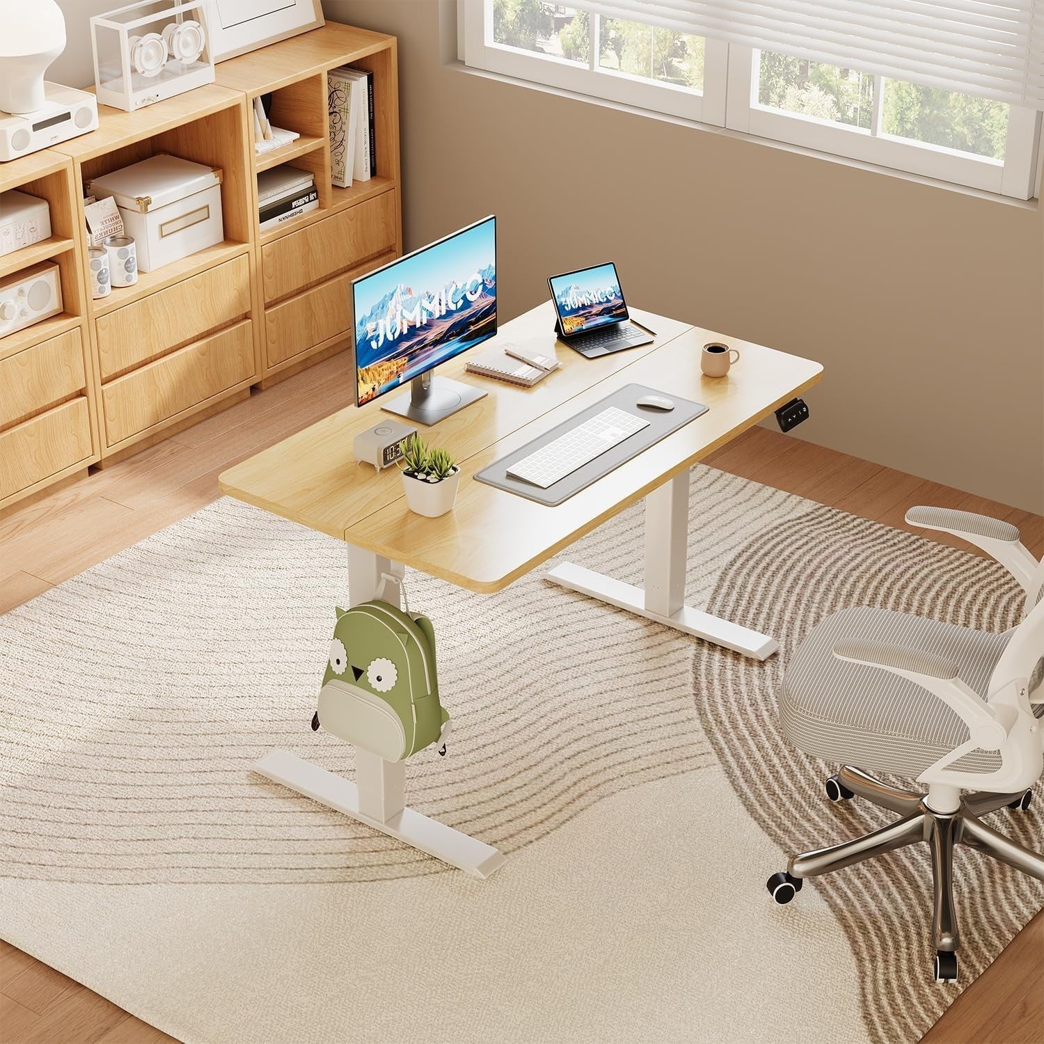Electric Standing Beige Desk 140x60cm Adjustable Sit Stand Table with Memory
