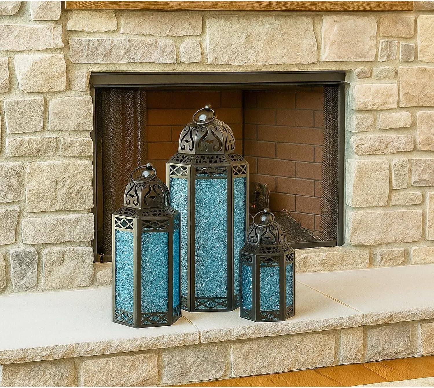 Set of 3 Blue Moroccan Candle Lanterns Home Decor