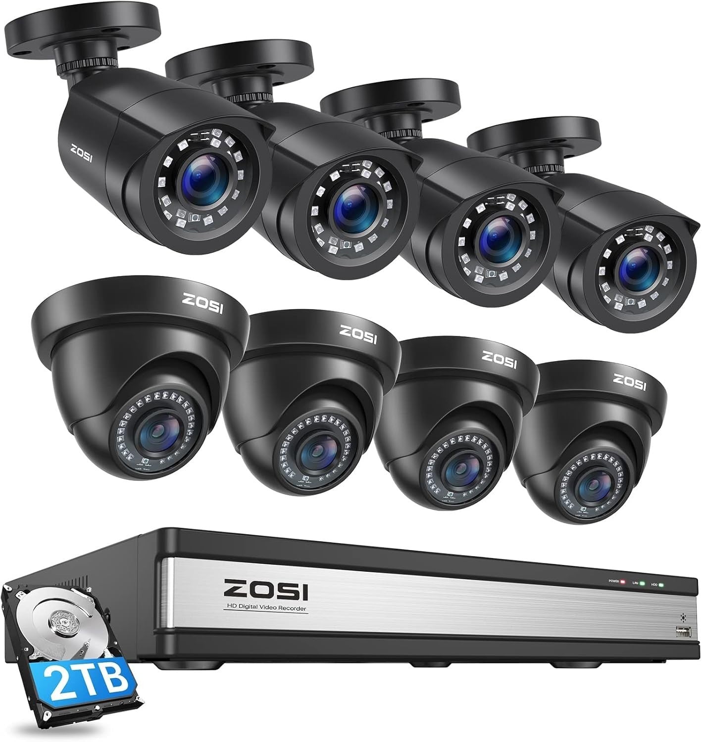 1080P CCTV Security Camera System 16CH DVR 2TB HDD 8 Cameras AI Detect