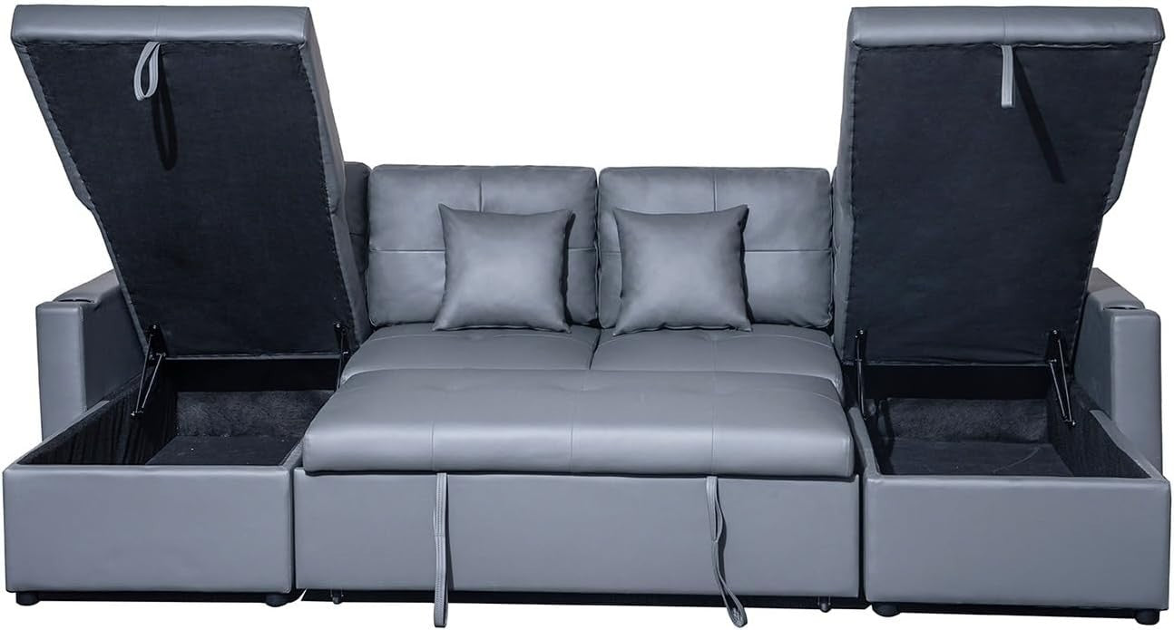 Grey Bonded Leather U-Shaped 4 Seater Sofa Bed with Storage & Pull-Out