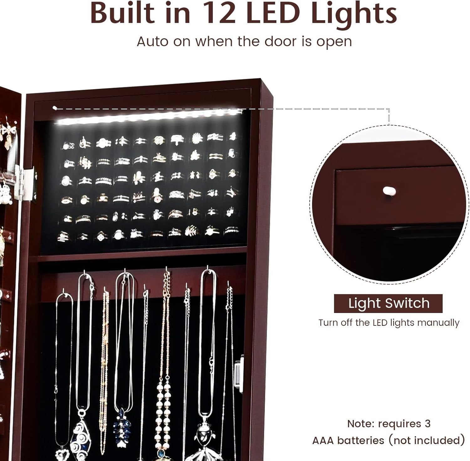 Standing Jewelry Armoire Lockable Full Length Mirror Adjustable Storage Brown