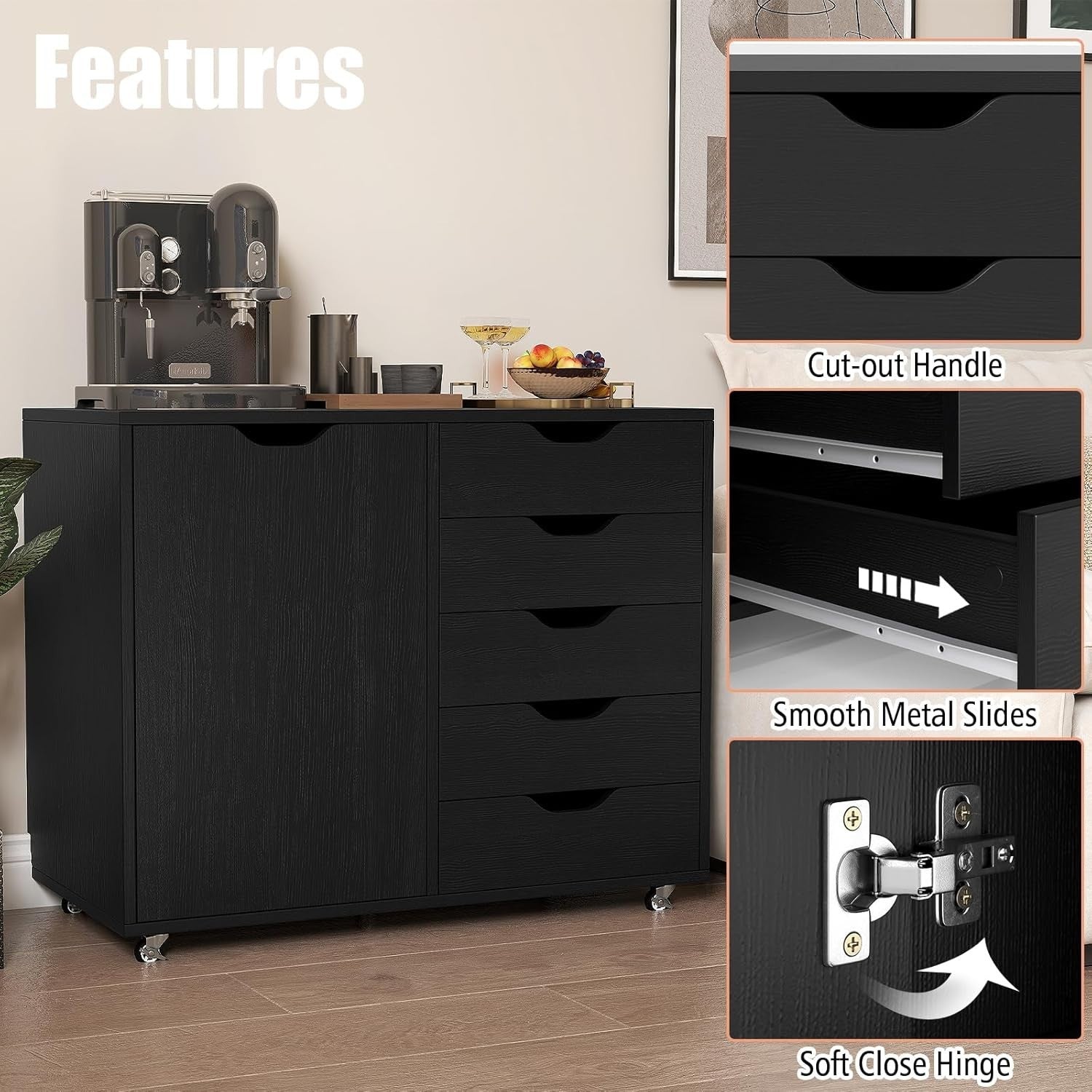 Black Mobile 5 Drawer File Cabinet with Side Cupboard Rolling Office
